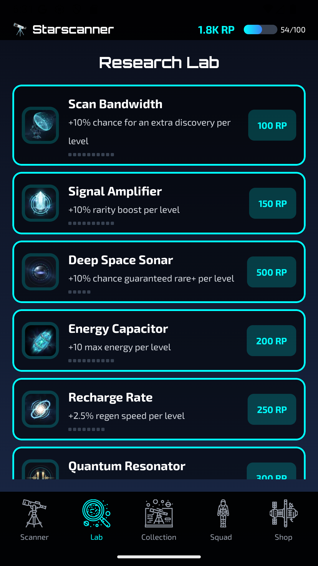 Starscanner gameplay - research lab upgrades